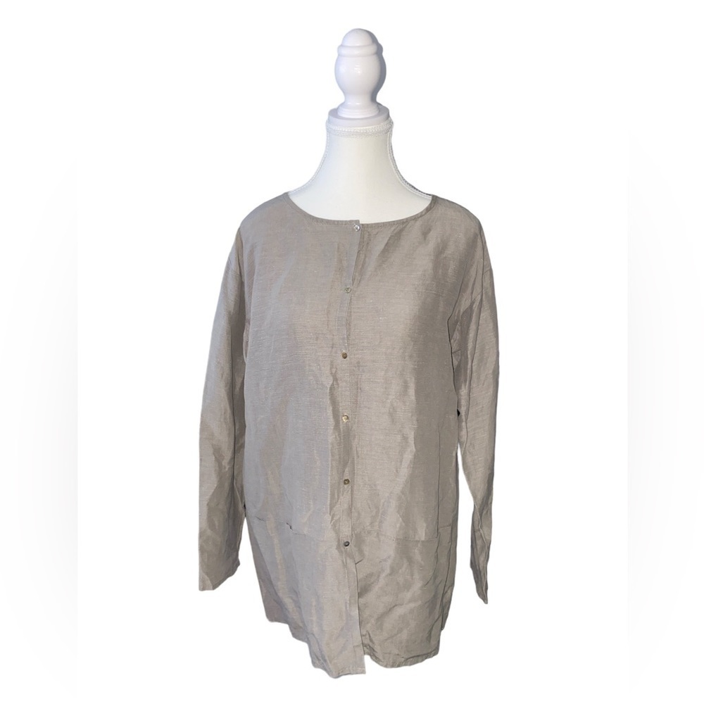 Eileen Fisher - Mandarin collar button down silk linen blouse